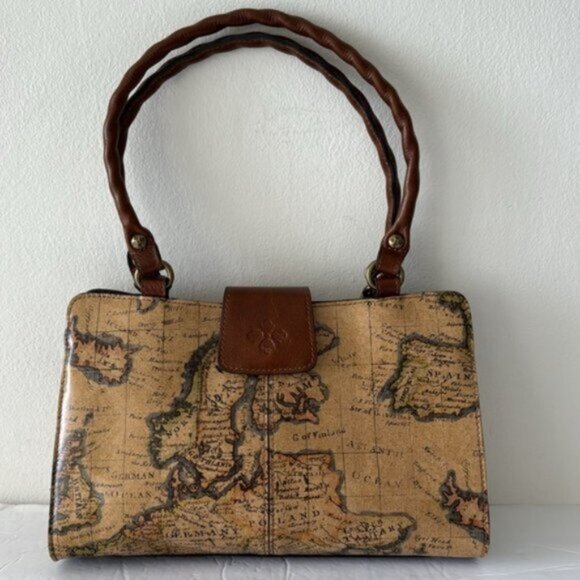 Patricia Nash Rienzo Leather European Map Shoulder Handbag Satchel Tan - Picture 3 of 16